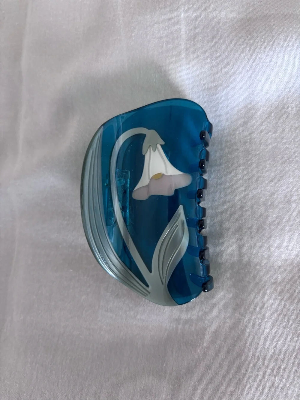 Blue Claw Clip with White Flower Motif